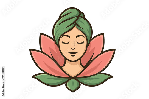 Yoga meditation woman serene calm. Lotus flower, green hair bun. Mindfulness inner peace harmony. Spiritual wellness lotus pose. Vector cartoon. Self-care relaxation wellness concept.
