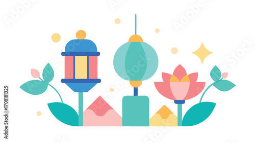 Harmonious blend of soft lanterns and blooming flowers vector illustration for festive occasions