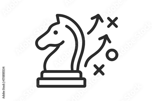 Strategic partnership team icon. Linear style vector illustration of chess knight, game plan, tactic moves, leadership, teamwork, cooperation, collaboration, success, transparent background.