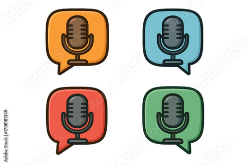 Colorful Podcast Microphone Icon Set. Vintage Microphone in Speech Bubble. Cartoon Vector Badge for Podcast, Audio, Recording, Broadcast, Communication App, Voice Message, Media Button Isolated