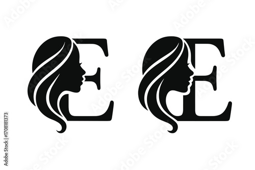 Elegant Salon Monogram Letter E Logo with Woman Face Profile, Flowing Hairstyle, Beauty Hairdresser Icon, Stylist Branding, Feminine Silhouette, Luxury Hair Studio Vector Illustration