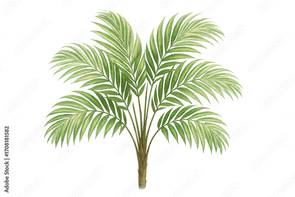 Obraz premium Golden cane palm displaying variegated leaves, standing against transparent backdrop with lush, exotic tropical aesthetic