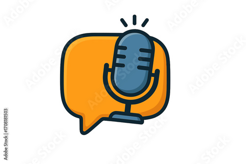 Podcast microphone logo vector cartoon illustration, speech bubble icon, audio recording, communication, broadcasting, media, chat symbol, podcasting emblem, isolated transparent background design