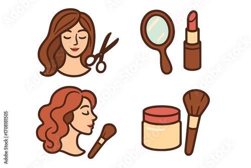 Cartoon vector beauty salon icons set with hair cutting, hairstyling, makeup tools, mirror, lipstick, powder jar, brush, cosmetics, and hairstylist equipment on transparent background