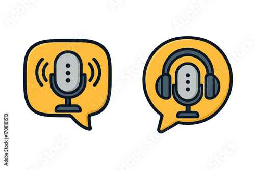 Podcast Chat Bubble Icon Set Vector Illustration. Microphone and Headphones in Speech Bubble, Audio Recording, Broadcasting, Streaming, Communication, Podcasting Logo, Isolated Transparent Background