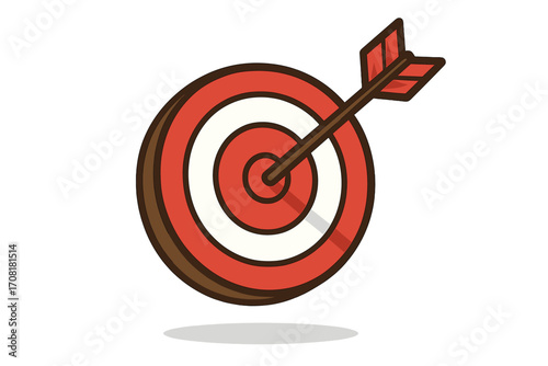 Bullseye target logo vector, dartboard with arrow hitting center, cartoon illustration, accuracy concept, success goal achievement, flat isolated emblem, competition, transparent background