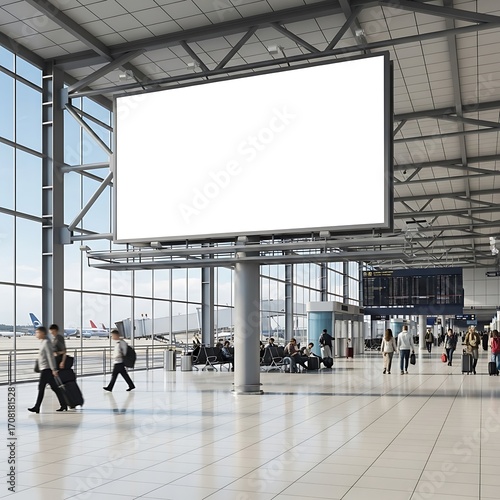 Large blank billboard in a modern airport terminal, showcasing a spacious interior with visible travelers.