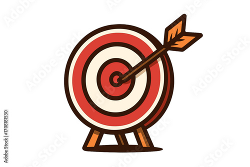 Bullseye Target Vector Illustration, Archery Goal Achievement Concept, Cartoon Dartboard with Arrow in Center, Success Symbol, Red White Concentric Circles, Isolated Clipart on Transparent Background