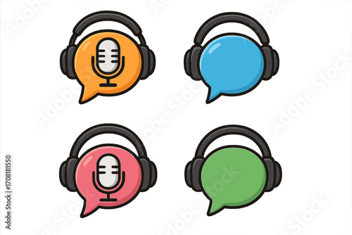 Podcast Icon Set Vector Cartoon Illustration. Speech Bubble, Microphone, Headphones Symbols. Colorful Audio Chat, Radio Broadcast, Communication Logo Collection. Isolated Transparent Background Design