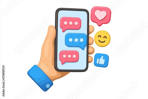 3D cartoon hand holding smartphone with chat bubbles, social media reactions, heart, smile emoji, like icon, vector illustration for communication, messaging, online feedback, transparent background