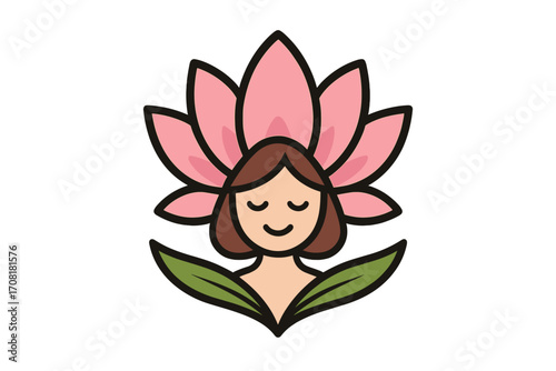 Beauty spa wellness logo, serene female face with lotus flower petals, nature harmony, holistic relaxation concept, self-care, meditation, floral monogram, natural therapy vector illustration