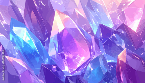 Vibrant crystals float in a dreamy pastel color palette scene.