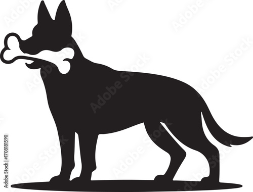 German shepherd dog silhouette holding a bone silhouette.