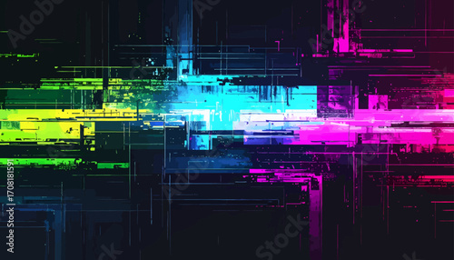 Vibrant abstract digital art piece showcases colorful neon lights and geometric shapes in a futuristic urban landscape scene.