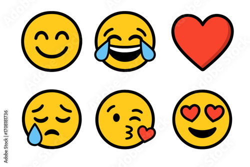 Most popular social media emojis set, vector cartoon illustration with transparent background, trendy expressive icons for digital communication, online messaging, and social networking