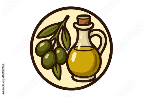 Olive oil bottle and branch illustration. Vector cartoon Mediterranean food logo design. Extra virgin olive oil emblem. Healthy organic ingredient. Gourmet gourmet product symbol. Green olives icon.