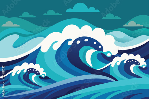 vector illustration of ocean waves with clouds and sky