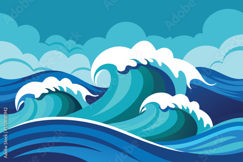 A bright blue vector illustration of sea waves and a seamless ocean pattern under a summer sky