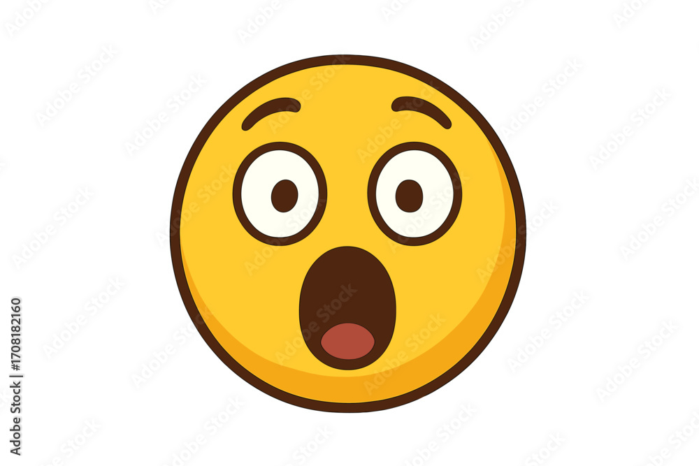 Fototapeta premium Surprised face emoji with wide eyes and open mouth on vibrant purple background, cartoon style, expressive emotion icon, vector illustration with transparent background, emoji set design