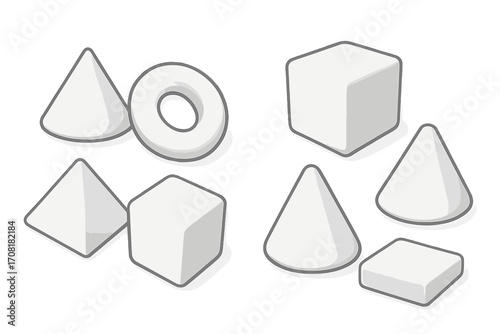 Glossy White 3D Geometric Shapes Collection in Isometric and Perspective Views. Vector Illustration with Cube, Cone, Pyramid, Torus. Clean Minimal Abstract Set for Design Elements and Backgrounds