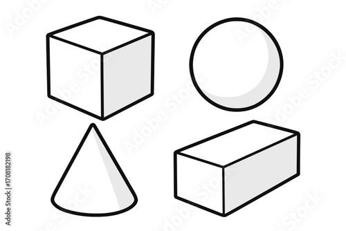 3D geometric shapes vector set. Cube, sphere, cone, rectangular prism. Simple isolated shapes in different angles. White minimalist design, bold outlines. Educational, math concept illustration.