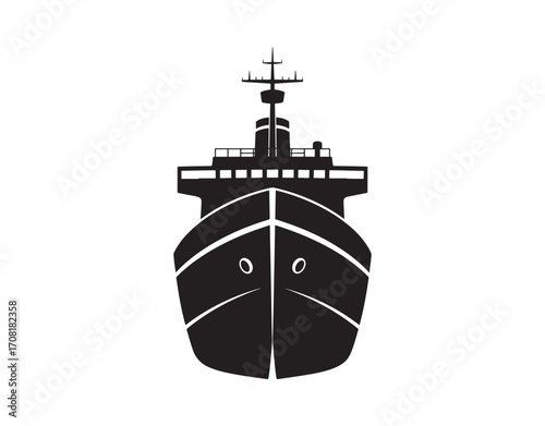 Ship icon. Fishing boat. Black silhouette. Front view. Vector flat graphic illustration. The isolated object on a white background. Isolate
