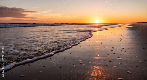 Sunset over the ocean with gentle waves lapping on the sandy shore