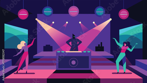 Vibrant nightclub scene with dj and dancers under strobe lights and disco balls vector eps