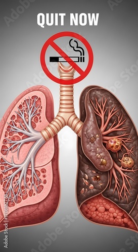 A detailed anatomical comparison of healthy and diseased lungs highlights the impact of smoking and promotes quitting.