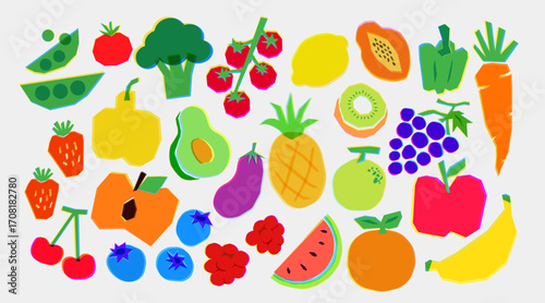 Vegetables and fruits risograph illustration