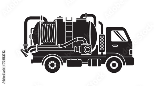 Sewage truck. Vacuum truck. Dark silhouette. Lateral view. Vector simple flat graphic illustration. Isolated object on a white background. Isolate