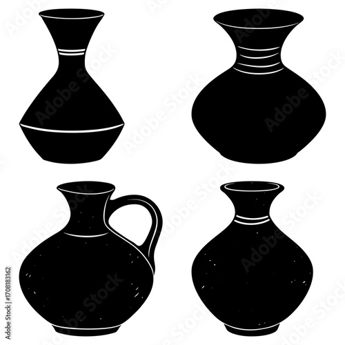 A collection of four black silhouette vases and jugs with various shapes and styles on a white background