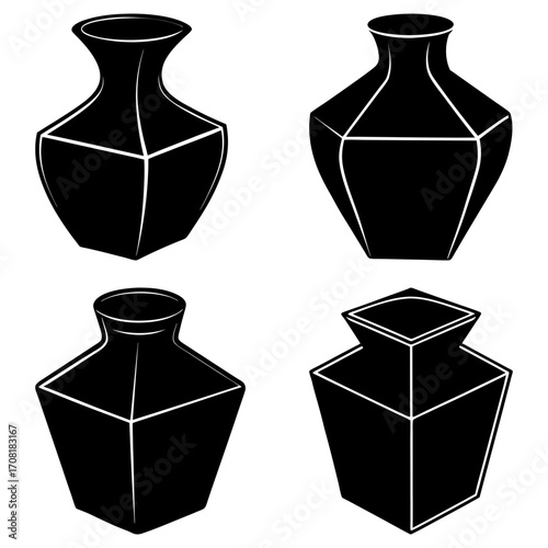 Four black and white vases with different geometric shapes and designs on a white background art design