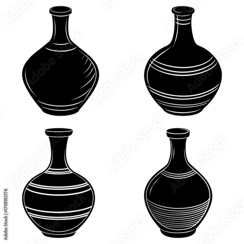 Four black vases with varying designs and shapes arranged in a square on a white background art piece