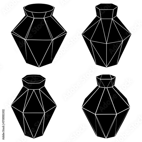 Four geometric vases in black and white showing different perspectives and angles of the design style