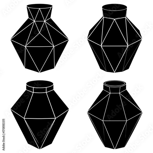 Four stylized black polygonal vases with different geometric designs on a white background display