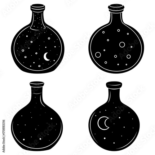 Four black and white potion bottles with varying contents including stars and moon phases in a square grid