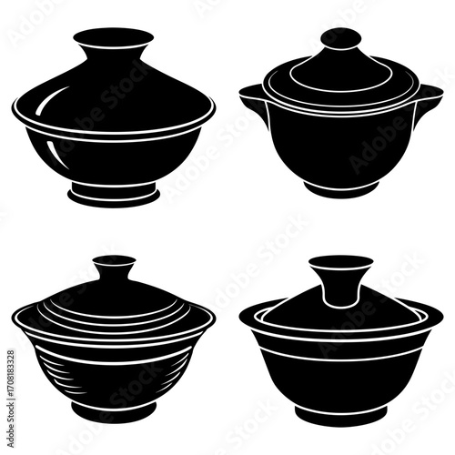 Collection of four black and white vector illustrations of covered bowls with various designs and shapes
