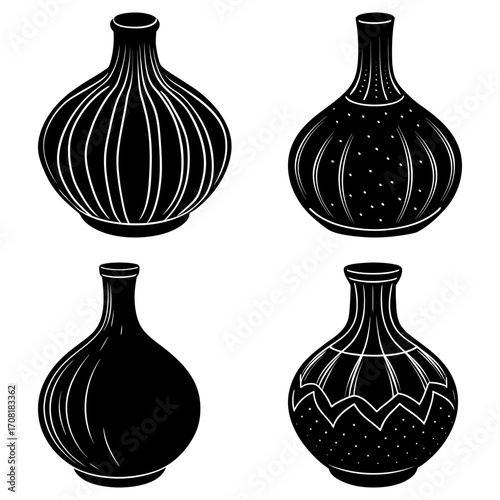 Collection of four black and white decorative vases with different patterns and shapes in a square format