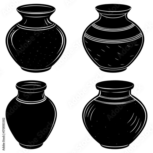 Four black and white vases with different designs and shapes in a square arrangement on a white background