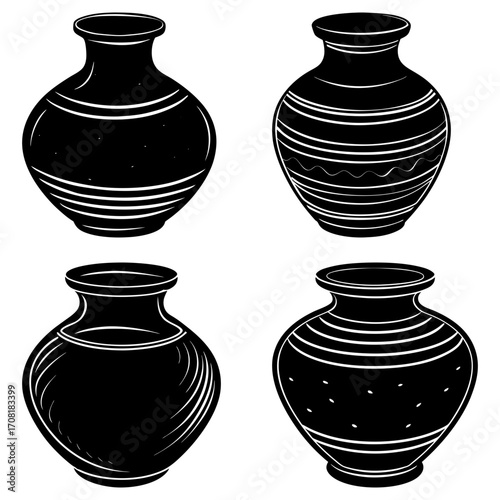 Four black and white vases with different patterns and shapes in a simple line art style illustration