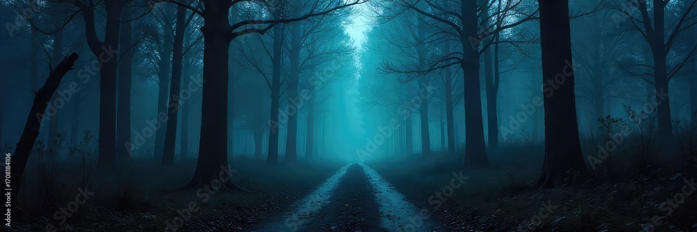 Obraz premium A spooky forest path at night, shrouded in mist with ominous shadows suggesting lurking creatures Perfect for Halloween, horror, fantasy themes , night, supernatural