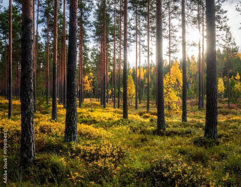 Fototapeta premium Autumn forest scene with golden foliage