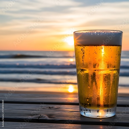 Golden beer glass rests on a wooden deck at sunset, ocean waves softly lapping in the background.