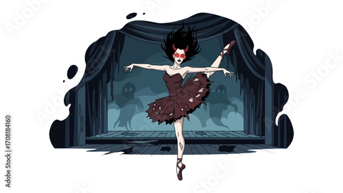 The Dark Ballet: An artistic rendering captures a mystical ballerina in a striking black tutu, dancing gracefully against the backdrop of a haunted theater scene.