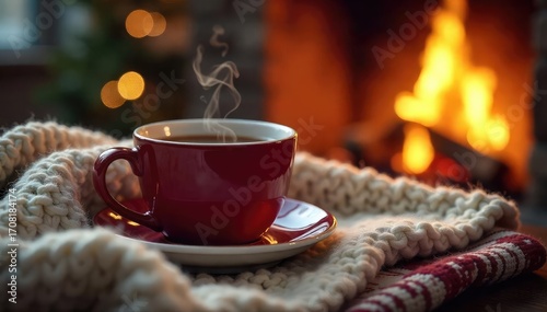 A steaming cup of tea on a cozy knit blanket, next to a crackling fireplace, evokes feelings of warmth and tranquility Perfect for winter comfort and relaxation themes , steam, evening