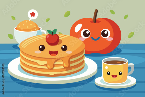 Cute Pancakes and Coffee Breakfast Illustration