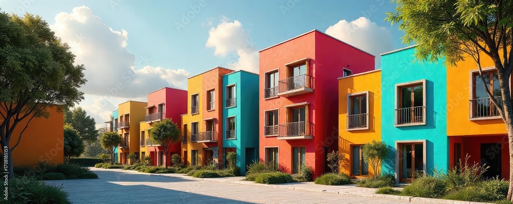 Naklejka premium A vibrant housing complex designed for artists, featuring colorful exteriors and spacious studios with large windows, ideal for creative expression , easel, window