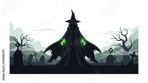 Mysterious Entity in a Spooky Graveyard: An ominous figure stands silhouetted against a graveyard backdrop, its presence radiating an eerie aura of dread and the supernatural.