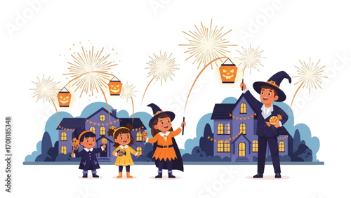 Halloween Night of Lanterns: Halloween night unfolds with kids in costumes, each clutching a glowing lantern. The setting sun adds a magical quality.